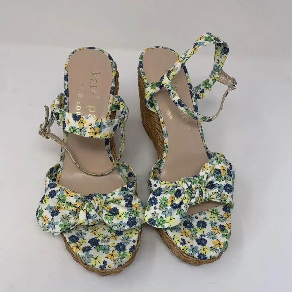 Kate Spade Patio Platform Wedge Sandals Women's 9.5 Floral Medley Parchment 0508